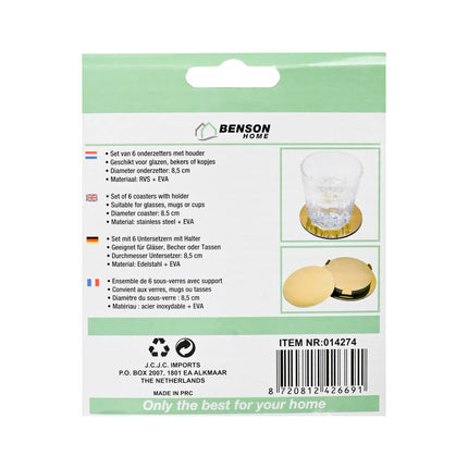 Gouden RVS Onderzetters 8,5 cm, Set van 6 met Houder voor Tafels