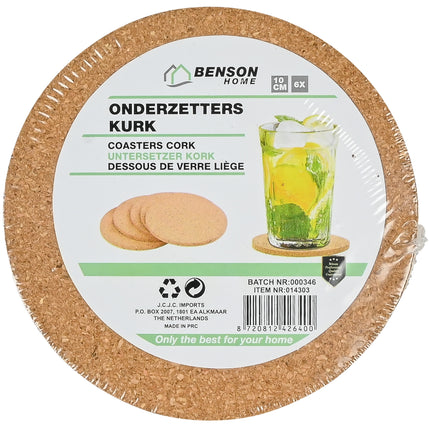 Onderzetters kurk 10 cm 6 dlg – Diameter onderzetter 10 cm, Materiaal kurk