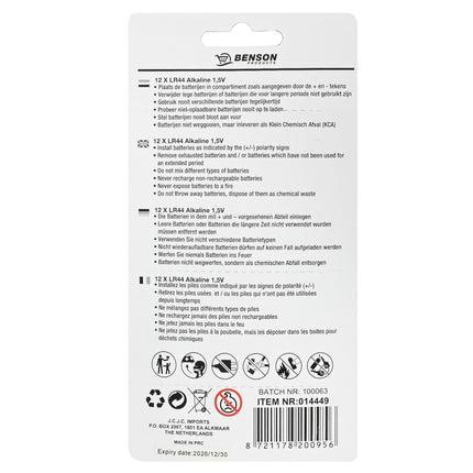 Batterij knoopcel 1,5V LR44 12 dlg