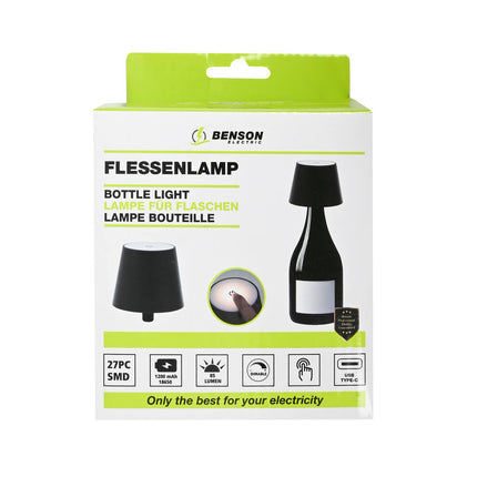 Flessenlamp Zwart – LED 27 SMD, 3000K, Aanraakdimmen, USB-C Oplaadbaar