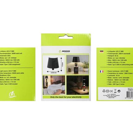 Flessenlamp Zwart – LED 27 SMD, 3000K, Aanraakdimmen, USB-C Oplaadbaar