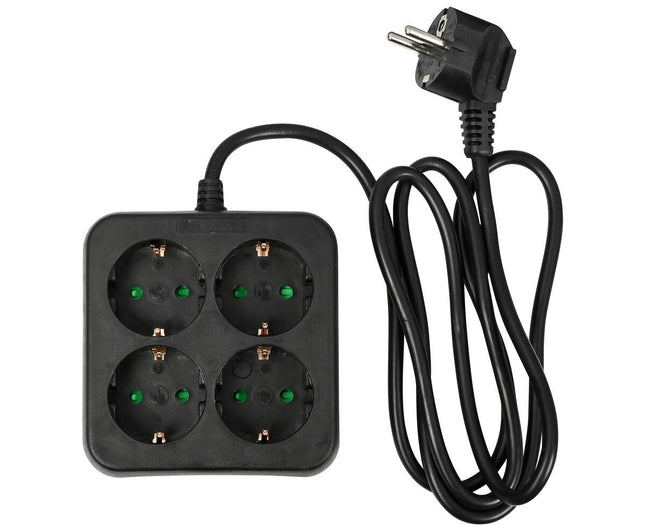 Stekkerdoos 4-voudig RA, 1.5m, 3680W, vierkant zwart, thuis/kantoor.