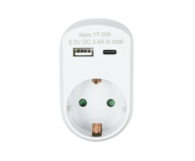 Stopcontact 16A met USB-A en USB-C, 3.4A Output, wit, voor thuisgebruik