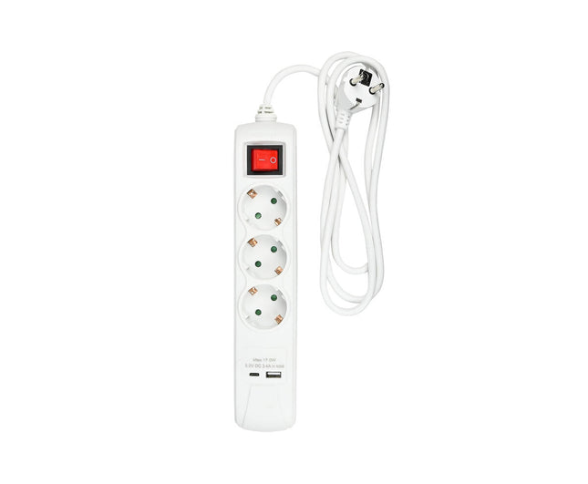 Stekkerdoos 3x RA, USB-A/C, Schakelaar, 1.5m Wit - Voor Thuis & Kantoor
