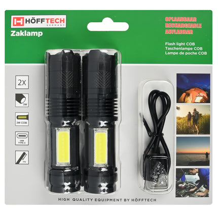 Zaklamp COB oplaadbaar 2 dlg – Bulb 3W LED + COD, Afmeting 26 x 26 x 100 mm, Lumen 100 lm