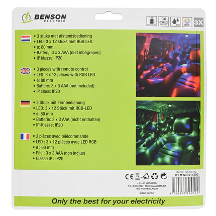 LED disco party licht met afstandsbediening 3 dlg – LED 12 stuks met RGB LED, 80 mm