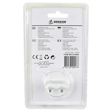 Nachtlamp LED + sensor – Materiaal PC, Afmeting 80x80x35 mm, Lumen 20 lm, 0.6W