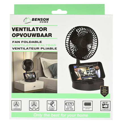 Opvouwbare Zwarte Ventilator: Oplaadbaar, Compact, Ideaal voor Reizen