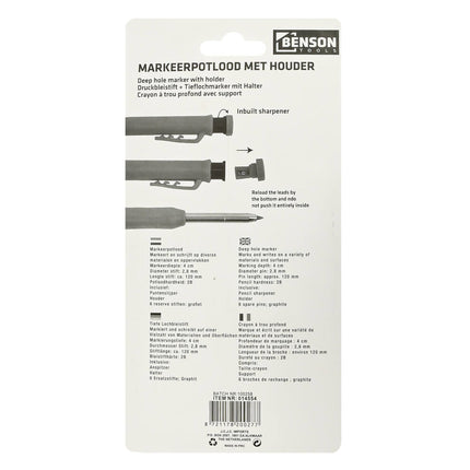 Markeerpotlood 2B, 4cm diep, 2.8mm punt, incl. houder en slijper