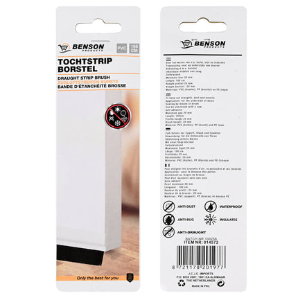 Tochtstrip borstel 100 cm PVC wit – Toepassing voor op onderzijde van deuren, 20 mm