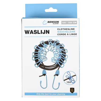 Waslijn 1,9 m - 12 knijpers draagbaar – 190 cm, 320 cm
