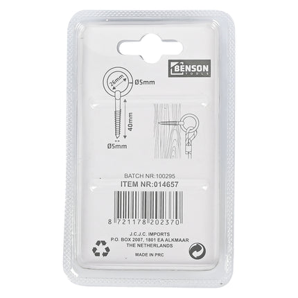 Oogschroef Ø 5 mm – Maat ring Ø5 mm, Binnen diameter ring 26 mm, Lengte schroef 40 mm