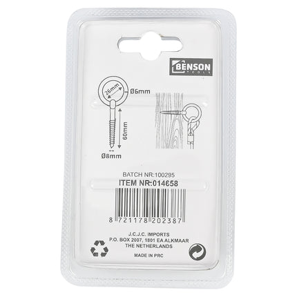 Oogschroef Ø 8 mm – Maat ring Ø8 mm, Binnen diameter ring 26 mm, Lengte schroef 60 mm