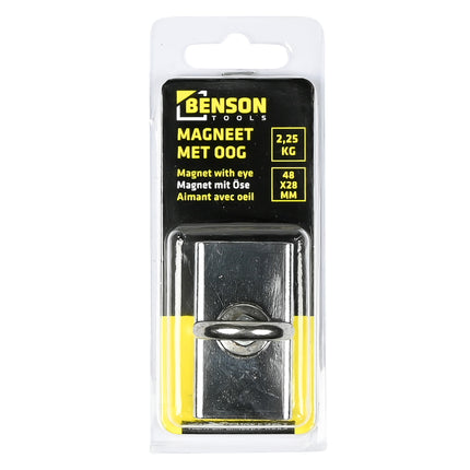Magneet met oog – Afmetingen magneet 48 x 28 x12 mm, Binnendiameter oog 17 mm, 2,25 kg