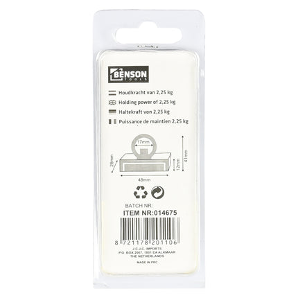 Magneet met oog – Afmetingen magneet 48 x 28 x12 mm, Binnendiameter oog 17 mm, 2,25 kg