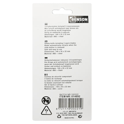 Veiligheidsmes + 3 reservemessen – Afmetingen 140 x 35 x 22 mm, Materiaal ABS + staal