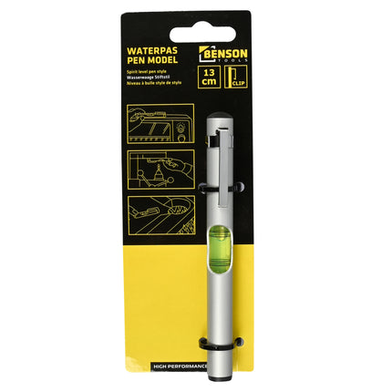 Waterpas pen alu met clip 13 cm – Model pen, Afmetingen ø13 mm x 13 cm, 13 mm