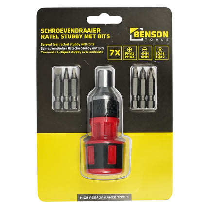 Schroevendraaier ratel stubby met bits 7 dlg – 4 mm, 6 mm