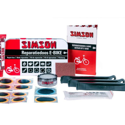 Simson E-bike Reparatiedoos: Pleisters, Solutie, Bandenlichters, Handschoenen.