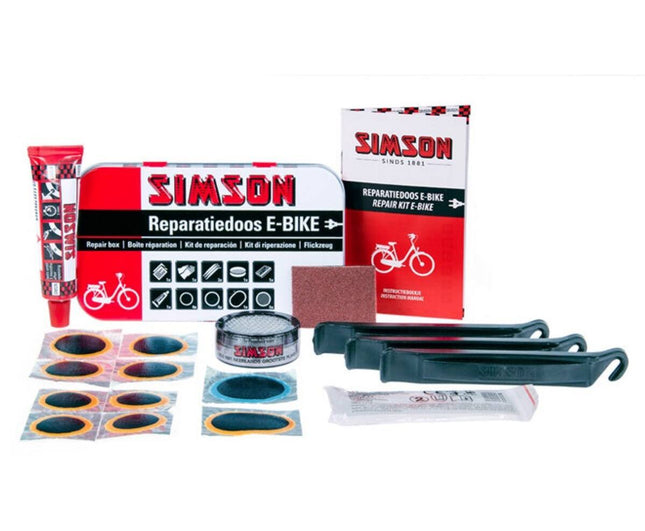 Simson E-bike Reparatiedoos: Pleisters, Solutie, Bandenlichters, Handschoenen.