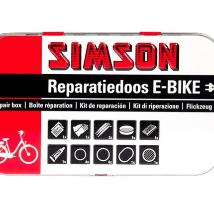 Simson E-bike Reparatiedoos: Pleisters, Solutie, Bandenlichters, Handschoenen.