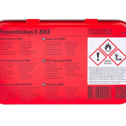 Simson E-bike Reparatiedoos: Pleisters, Solutie, Bandenlichters, Handschoenen.