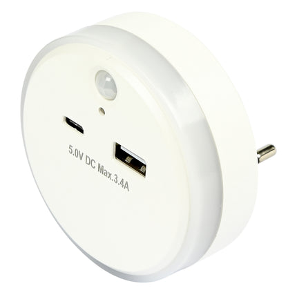 Nachtlamp USB-A en USB-C met dag/nacht + PIR sensor – Input 230V - 50 Hz, 230V