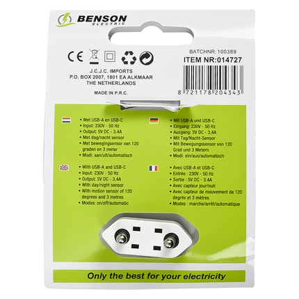 Nachtlamp USB-A en USB-C met dag/nacht + PIR sensor – Input 230V - 50 Hz, 230V