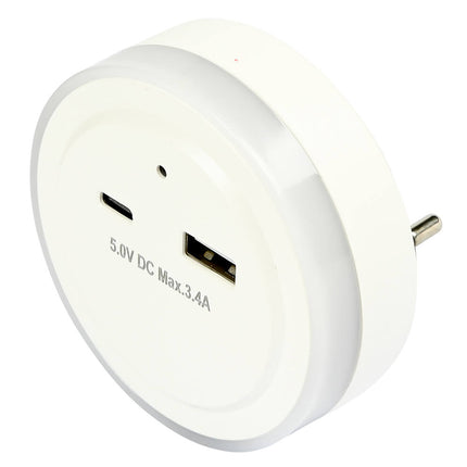 Nachtlamp met USB-A/USB-C, 5V DC, 3.4A, dag/nacht sensor, auto-modus.