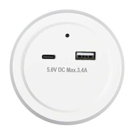 Nachtlamp met USB-A/USB-C, 5V DC, 3.4A, dag/nacht sensor, auto-modus.