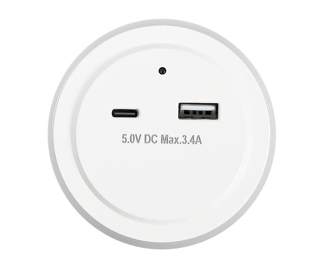 Nachtlamp met USB-A/USB-C, 5V DC, 3.4A, dag/nacht sensor, auto-modus.