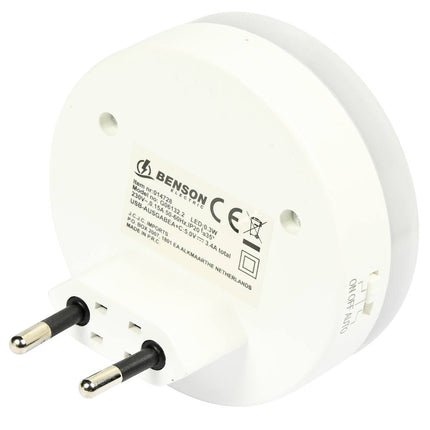 Nachtlamp met USB-A/USB-C, 5V DC, 3.4A, dag/nacht sensor, auto-modus.