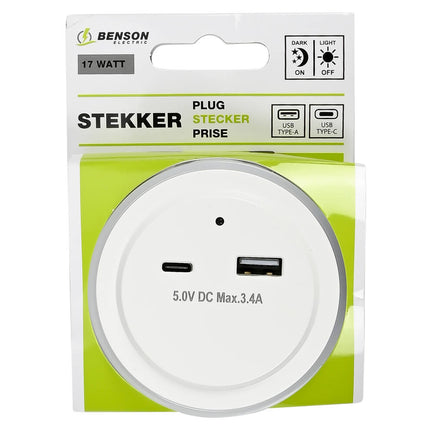 Nachtlamp met USB-A/USB-C, 5V DC, 3.4A, dag/nacht sensor, auto-modus.