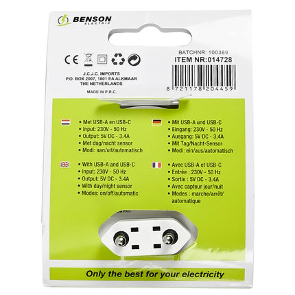 Nachtlamp met USB-A/USB-C, 5V DC, 3.4A, dag/nacht sensor, auto-modus.