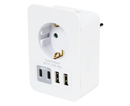 Stopcontact RA: 1x 16A, 2x USB-A, 2x USB-C, 5V 3.4A, met dock.