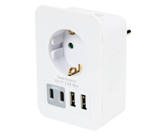 Stopcontact RA: 1x 16A, 2x USB-A, 2x USB-C, 5V 3.4A, met dock.