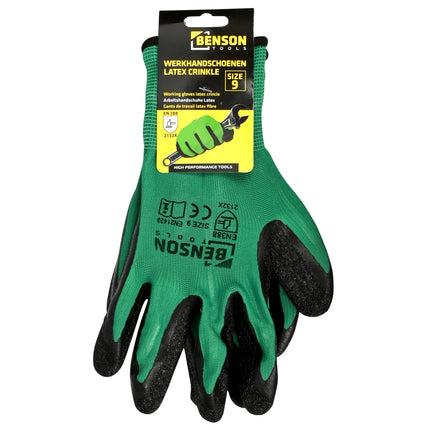 Werkhandschoenen latex crinkle groen zwart maat 9